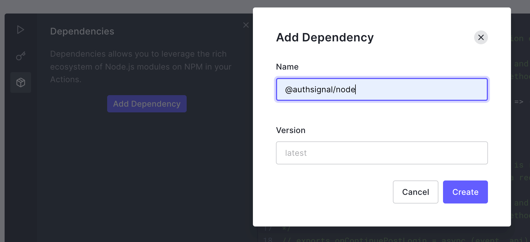 Screenshot of adding the Authsignal Node SDK as a dependency in Auth0