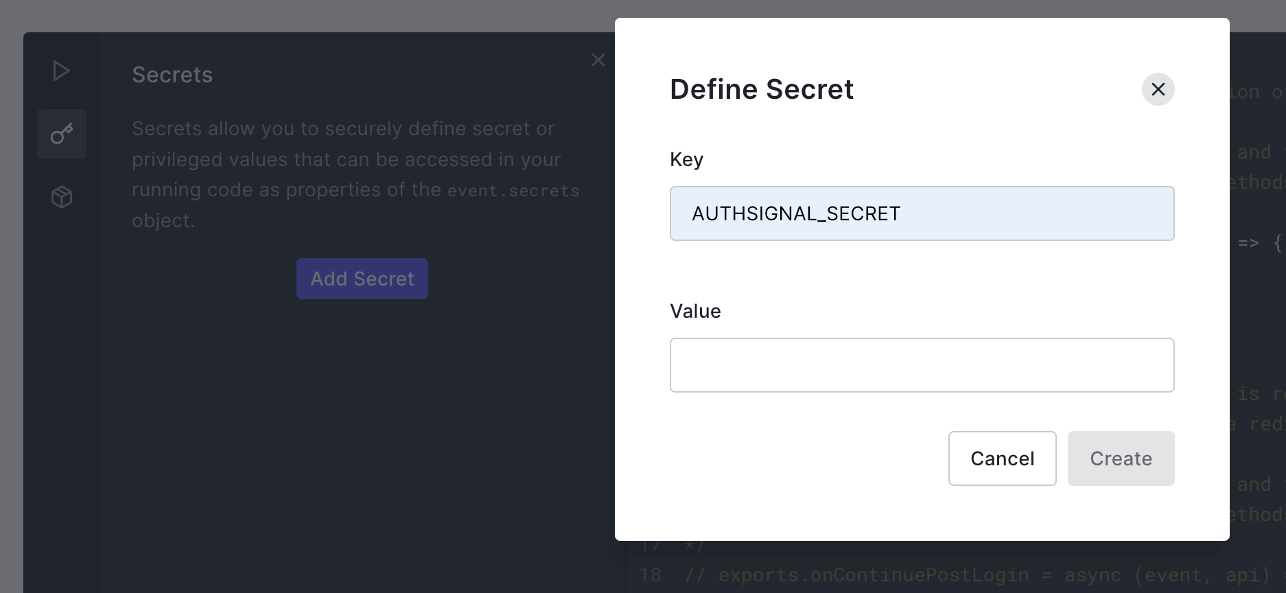Screenshot of defining the AUTHSIGNAL_SECRET in Auth0