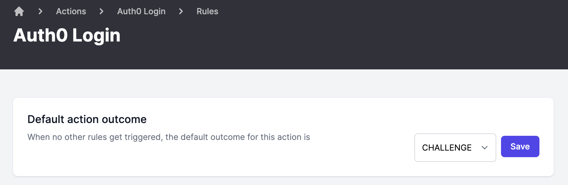 Screenshot of setting the default action outcome in Auth0